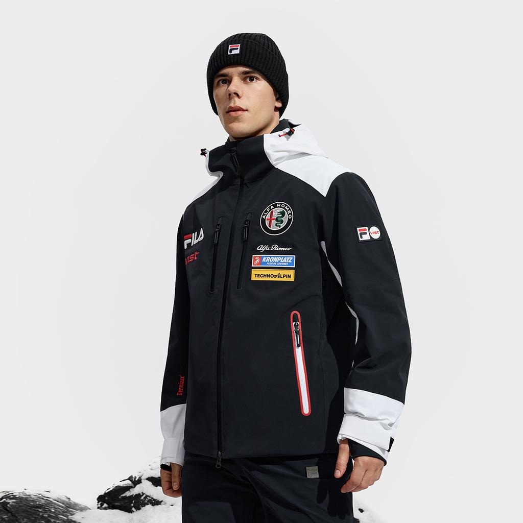 Fila Ski Serie Trendige Warme Wasserdichte Winddichte Kapuzen-Skijacke Herren Jacke Schwarz A11M546924FBK