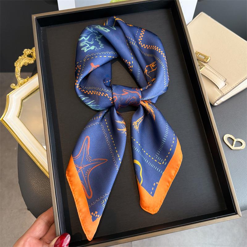Beach Style Printed Silk Square Scarf - High-End Feel Shawl, Sun Protection Neck Tie, Headscarf, Small Square Scarf