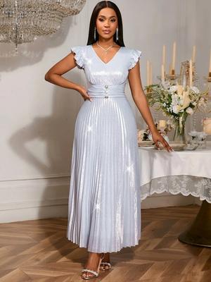 Silver Long Dresses V Neck Sleeveless A Line Pleated Ankle Length Evening Wedding Guest Cocktail Metallic Dress for Ladies