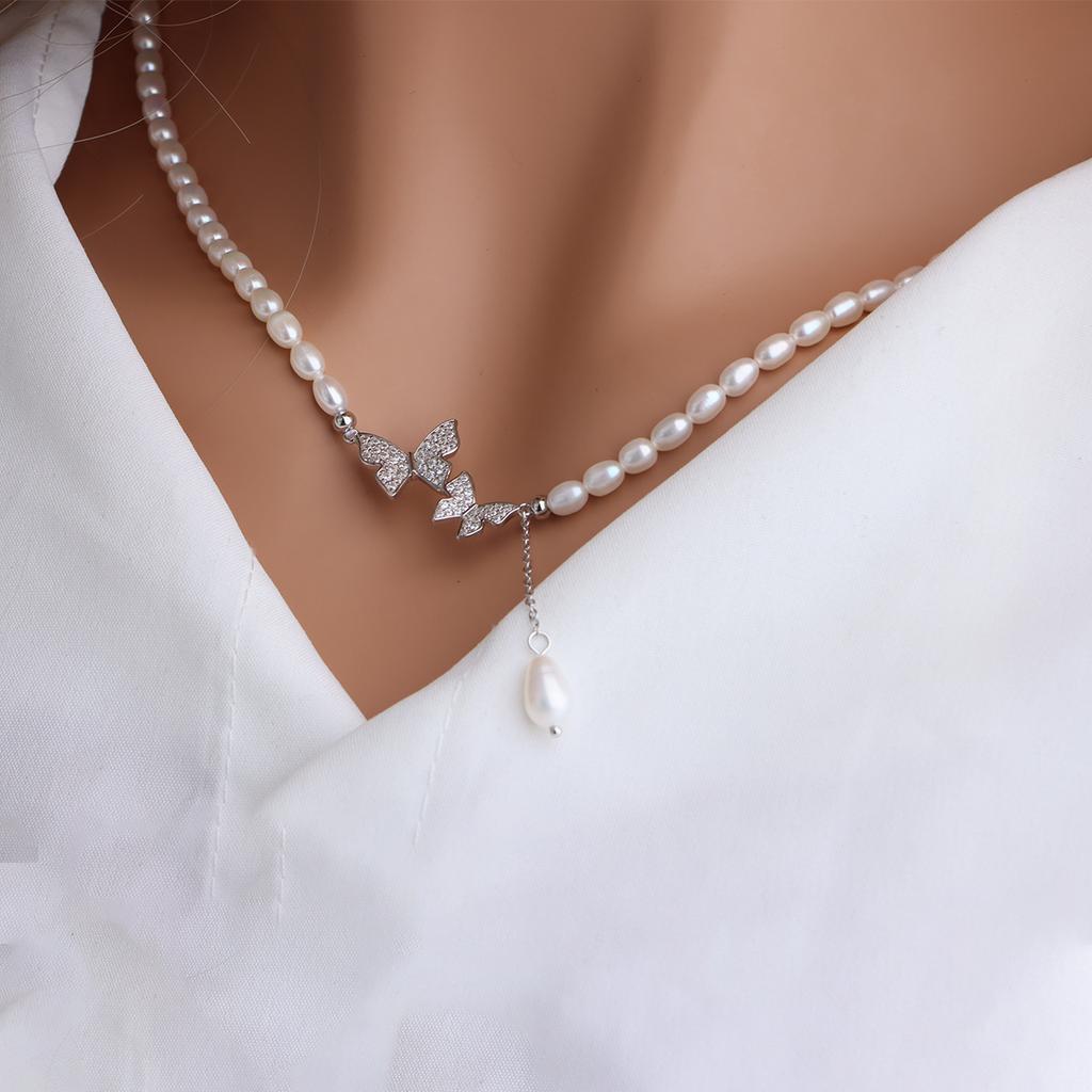 Pearl Necklace Versatile In Style Natural Freshwater Rice Pearl Butterfly Fringed Clavicle Chain Premium Sense