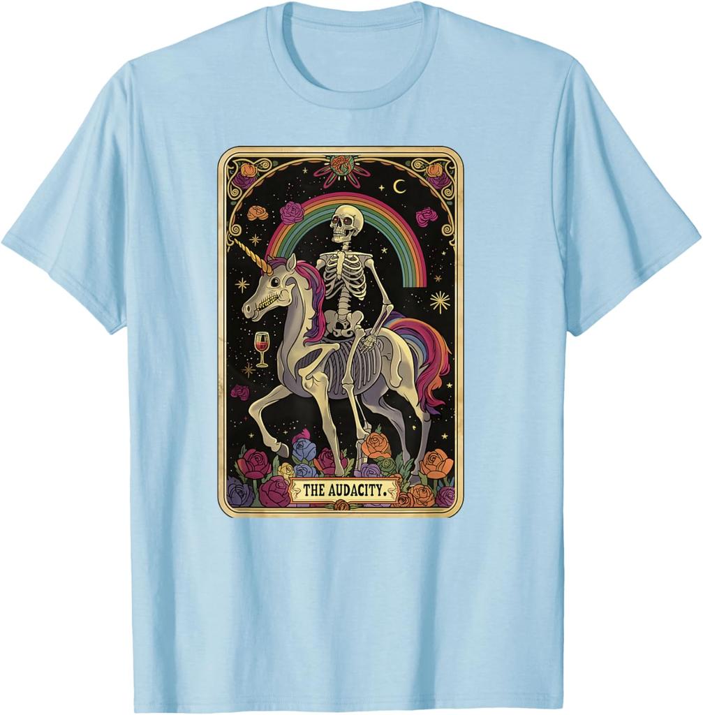Skelett auf Einhorn reitend Tarot Die Kühnheit Grafik T-Shirt Lässiges Kurzarm Baumwoll-T-Shirt