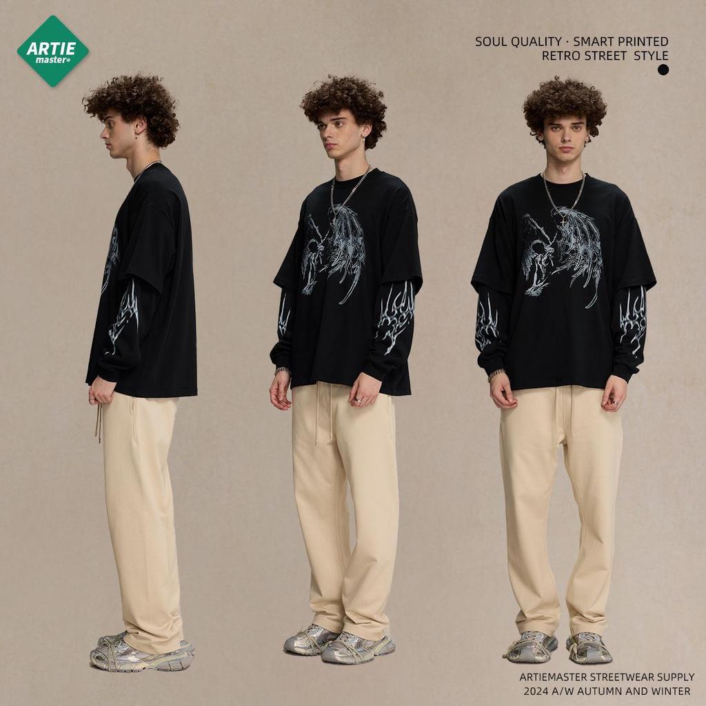 ARTIE Men's Loose Fit Faux Two-Piece Long-Sleeve Graphic Tee - 2024 Autumn Collection
