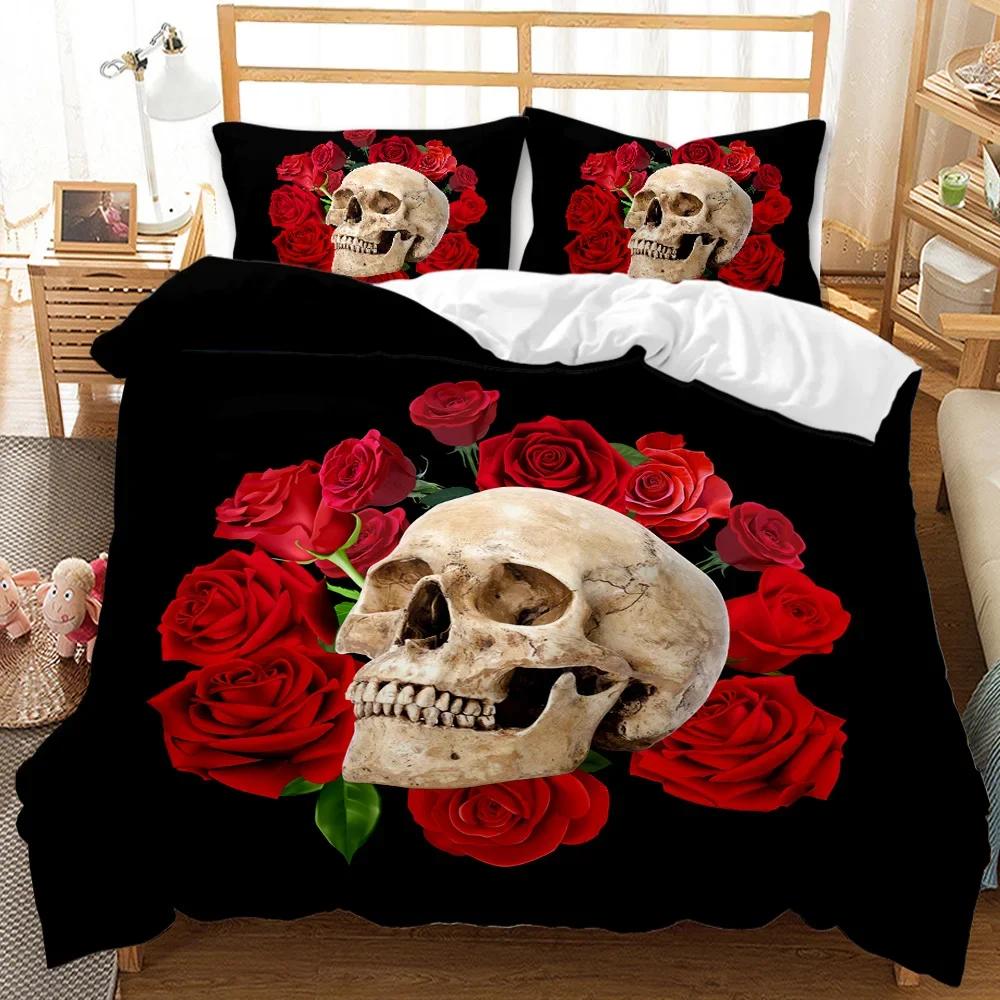 Totenkopf Bettbezug 3D Skelett Floral Totenkopf Muster Bedruckte Bettwäsche Bettbezug, Leichte Mikrofaser Gothic Bettwäsche Queen Size