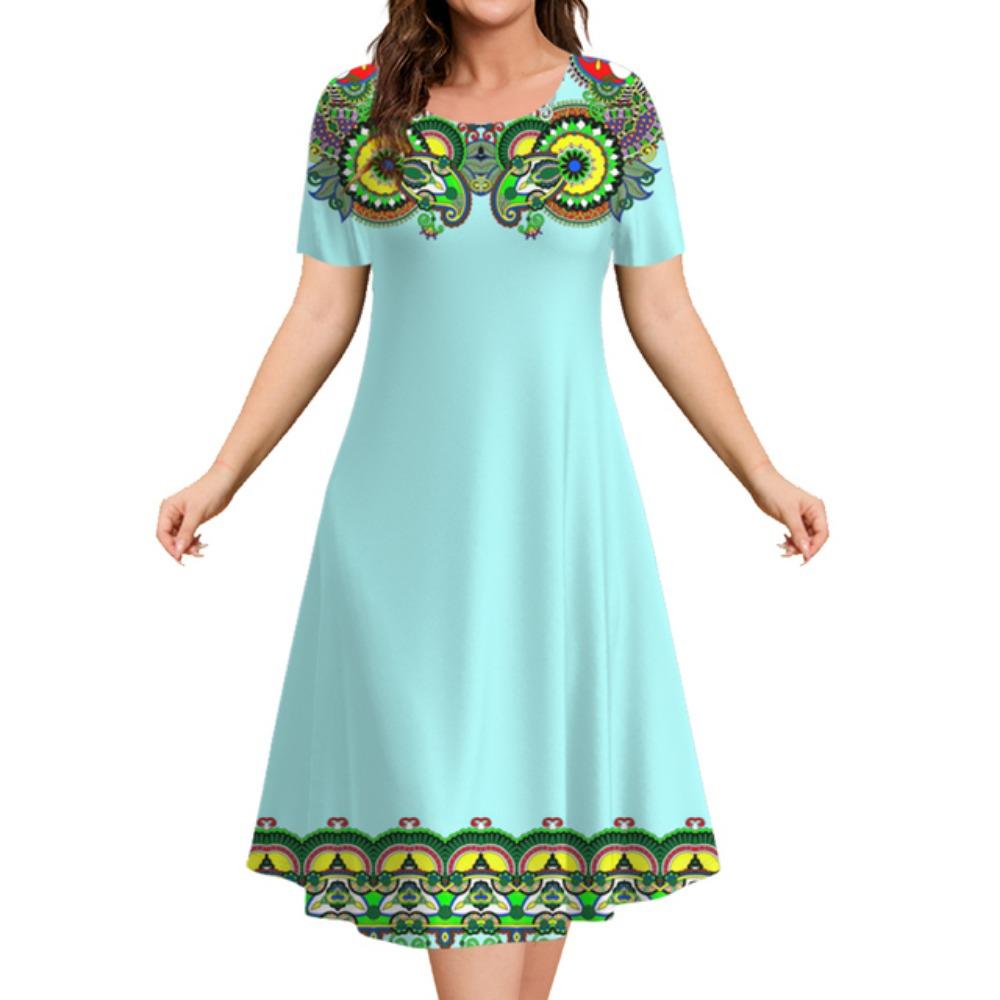 2026 Summer Fashion Ethnic Short-sleeved Mid-length Dress Women Retro Printed Luxury Dress