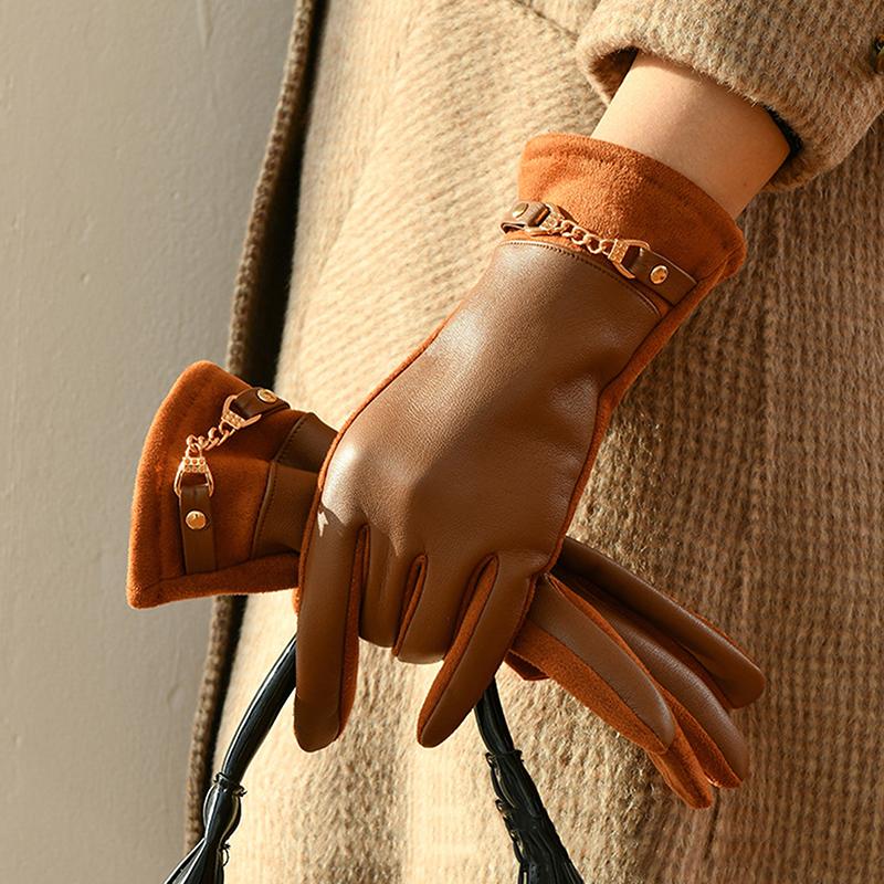 Luxury Protein Leather Fleece Lined Women'S Gloves Winter Cycling Windproof Keep Warm Elegant Touchscreen Gloves
