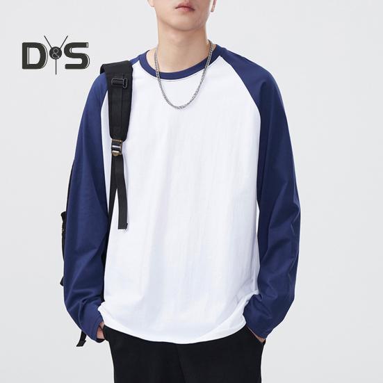 Men Spring Autumn T-shirt Color Matching Loose Round Neck Long Sleeves Pullover Top Casual School Sport Clothes
