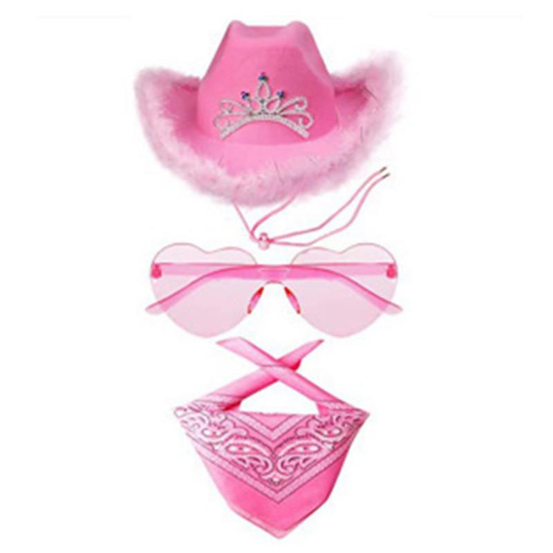 Denim Hat Set With Pink Frayed Crown And Glitter Sequins For Party Costumes