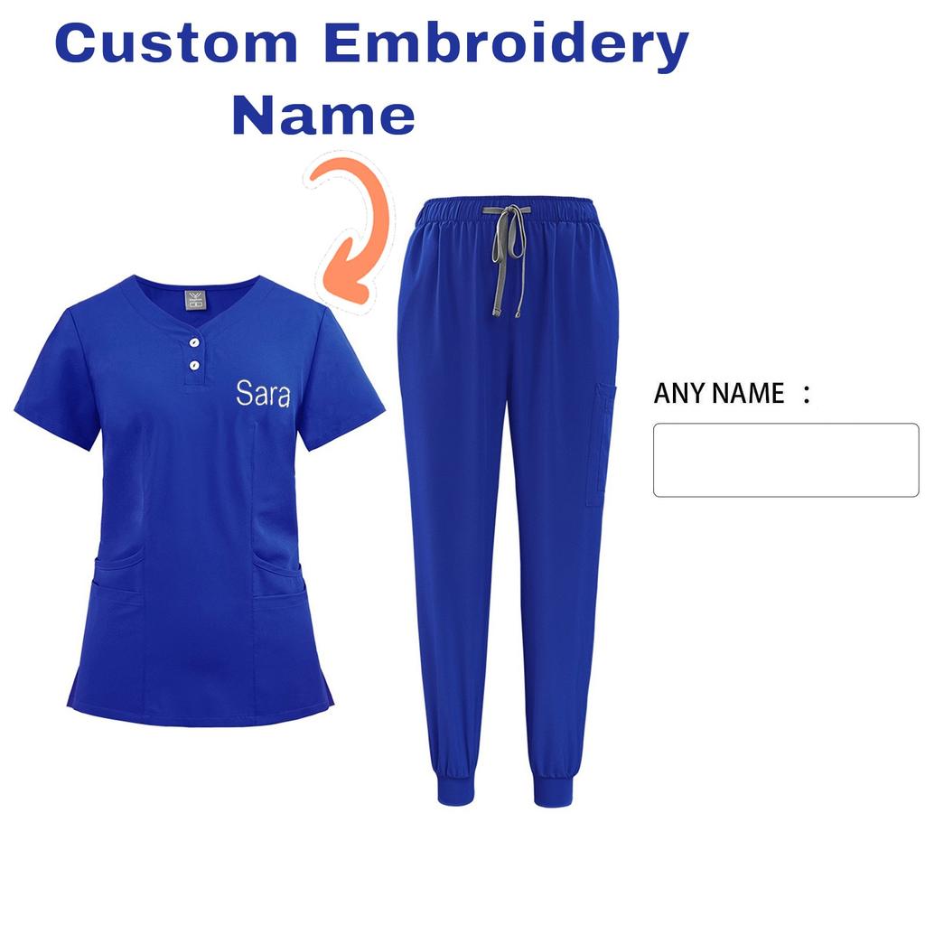 DIY Name Embroidery Customization Women's Uniform Quick-drying Fabric Solid Color V-neck Pocket Short-sleeved Trousers Suit Dry-nurse Work Clothes
