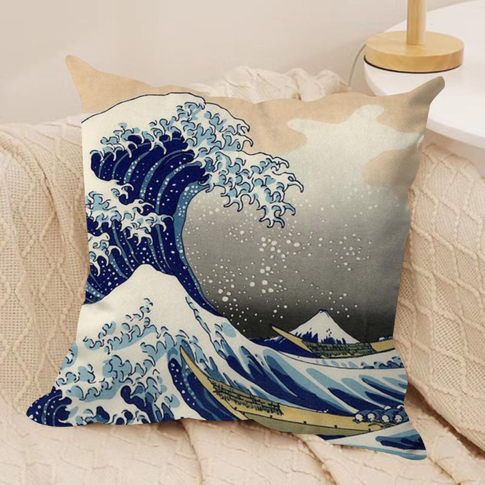 Japanese Waves Cushion Cover Silky Short Plush DoubleSided Printed Pillow Case for Sofa All Seasons Home Decor Gift