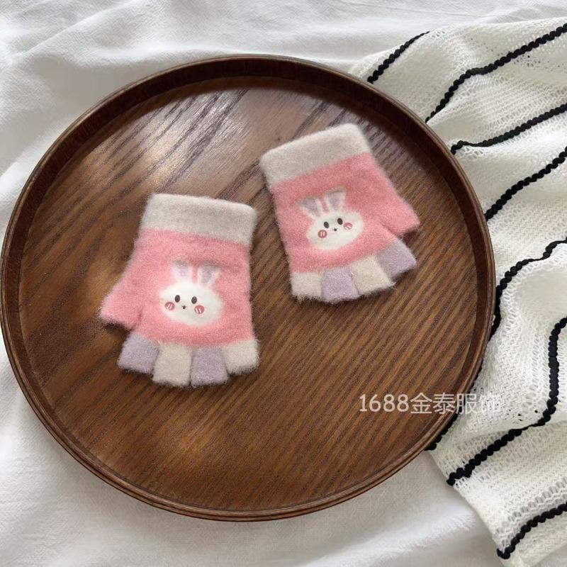 - Years old, baby half-finger gloves autumn and winter cartoon five-finger color matching bunny cute warm writing half-finger