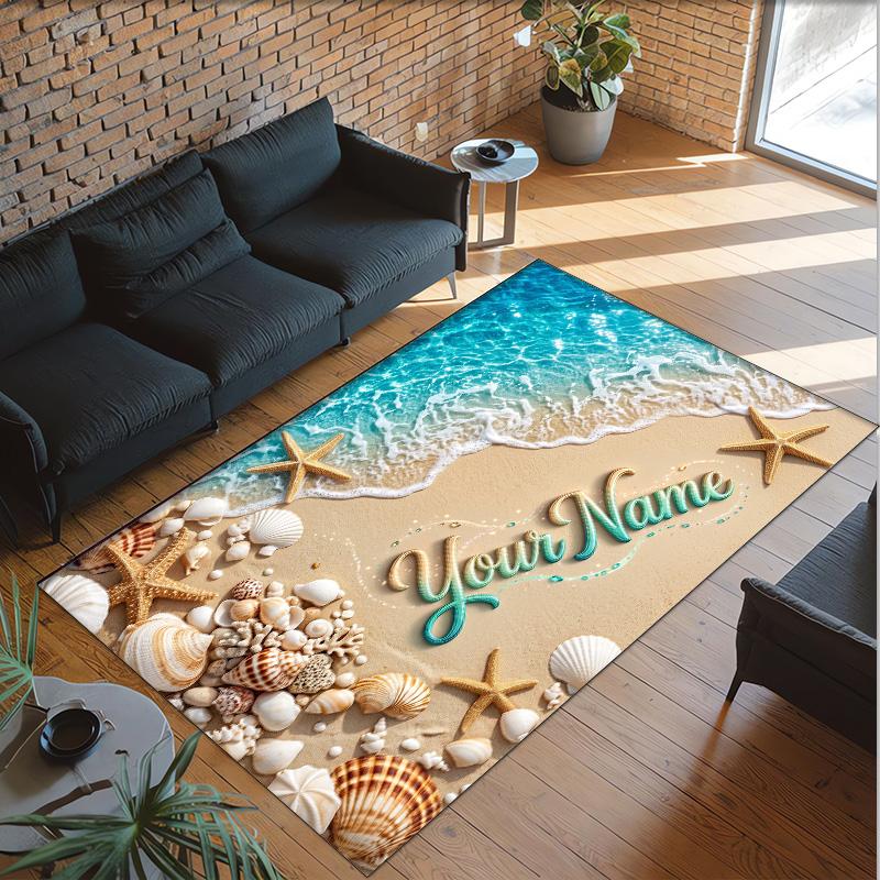 Mermaid Theme Crystal Velvet Floor Rug Personalized Custom Name Text Warm Carpet Home Decoration