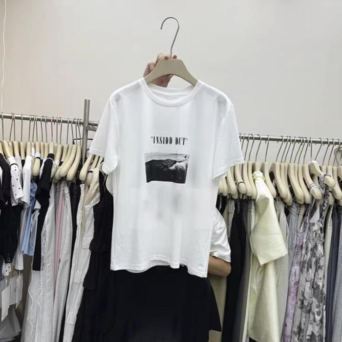 

Pure cotton retro printing crew neck short-sleeved T-shirt women s 2025 spring and summer loose large size lazy style gray top S белый