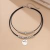 Wax Leather Line Retro Disc Pendant Clavicle Chain Necklace With Metallic Beads