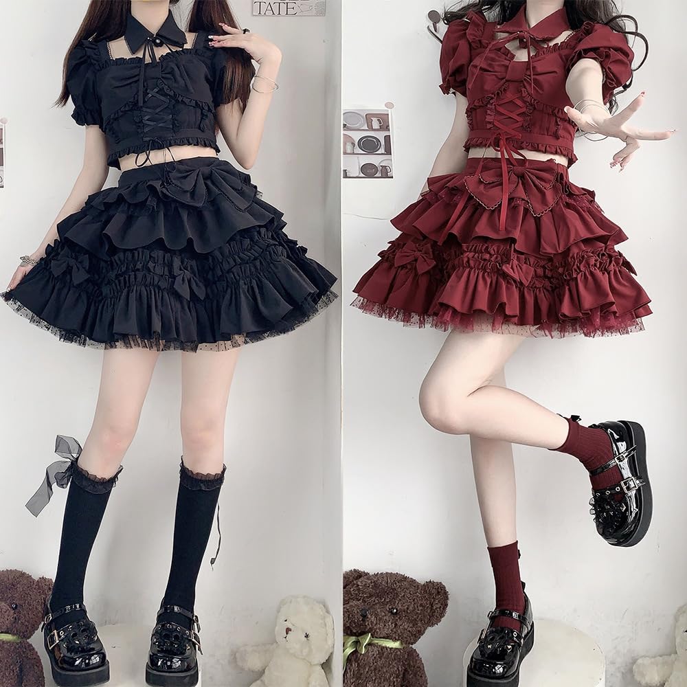 SUNNYSTEP Cosplay Lolita Plus Sizes Idol Mini Short Gothic Stage Includes Set Costume, (S-6L), Gothic, Black, Red, Style, Ruffles, Ribbon, Length,