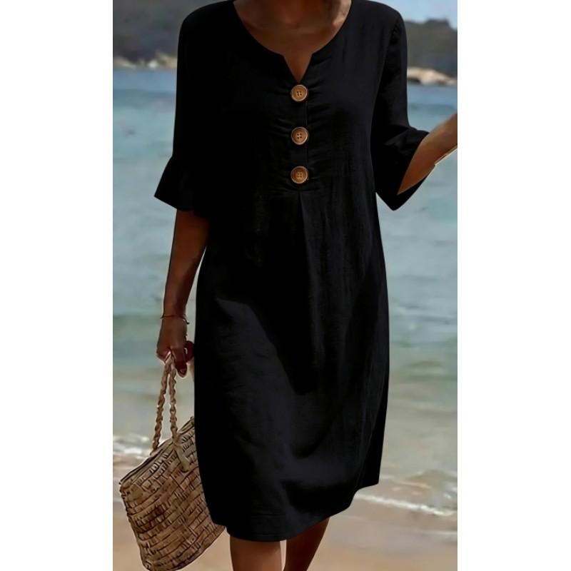 Damen Sommerkleid Unifarben Lässig und Bequem: Kurzärmelig, Mittlere Taille, V-Ausschnitt, Knopfleiste, A-Linie L gray