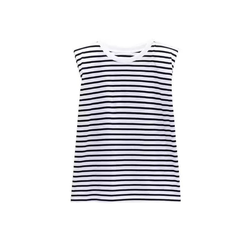Spring and Summer New Women's Clothing Minimalist round Neck Cotton with Padded Shoulder Washing Effect Sleeveless T-shirt Top 0858203