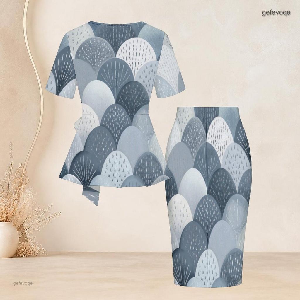 Women Plus Size Blue Gray Printed Two Piece Skirt Set Round Neck Short Sleeve Tie Waist Top Fitted Skirt
