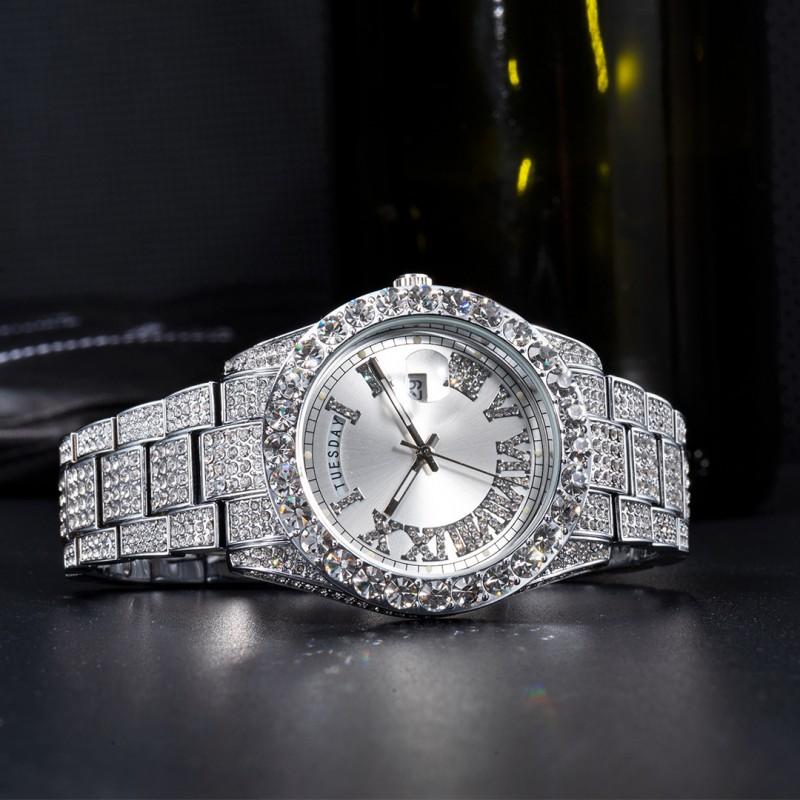Mens Fashion Quartz Wrist Watch Dual Calendar Pink Dial Rhinestone Accents Luminous 30M Waterproof Stainless Steel Band