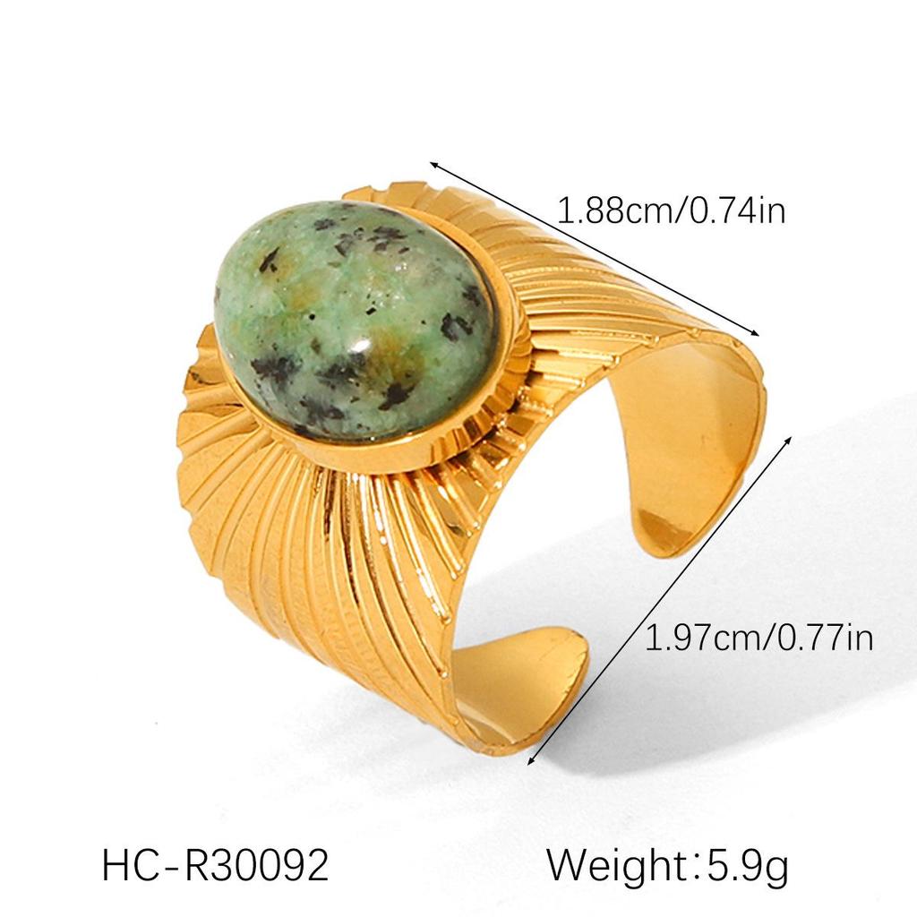 Women's Colorfast Retro Stainless Steel Ring with Natural Stone, Open & Versatile Titanium Steel Design