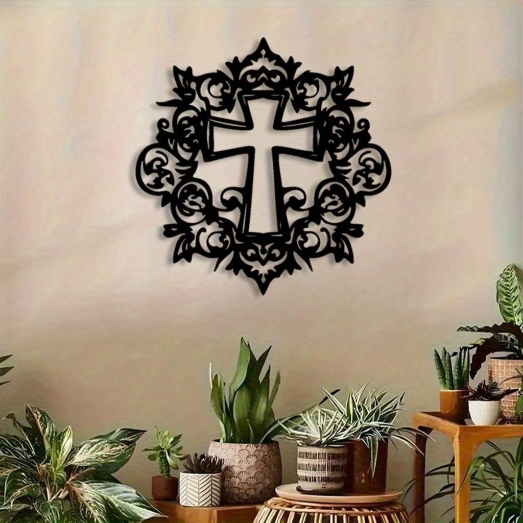 1PC Black White Cross Metal Wall Art Floral Design Home Decor