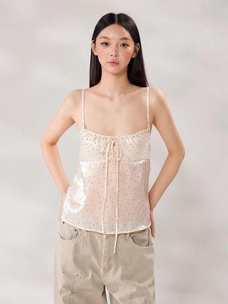 Vintage Polka Dot Lace-up Sling Vest Women's Summer Tulle Adjustable Outer Wear Versatile Comfortable Casual Pure Desire Top