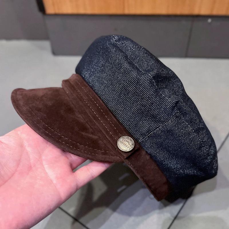 New Denim Color Matching Metal Label Flat Top Newsboy Hat Female British Beret