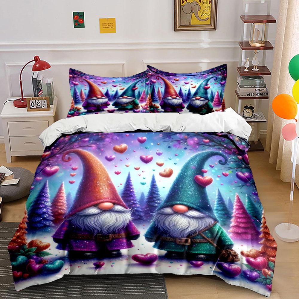 Gnome Couple with Glitter Hearts Bedding Duvet Cover Set (1*Duvet Cover 2*Pillowcases, without duvet insert)