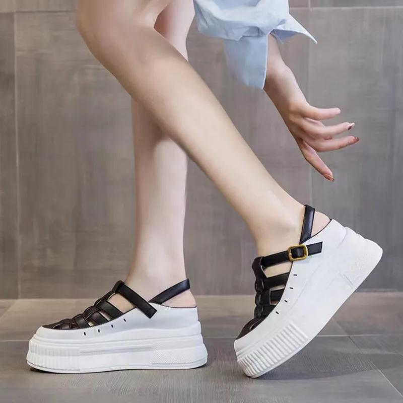 Pantofi de vară pentru femei din piele naturală de 8 cm, la modă, papuci cu platformă, sandale cu pană pentru femei, slip-on, de plajă, de vară, la modă, pentru doamne