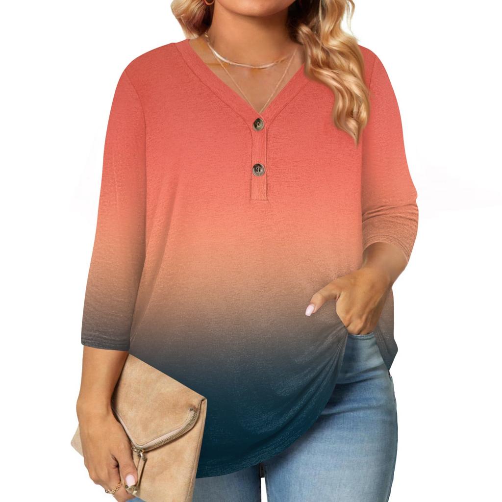 Womens 3/4 Length Sleeve Tops Plus Size Button Down V Neck Shirts Blouses Casual Printing Loose