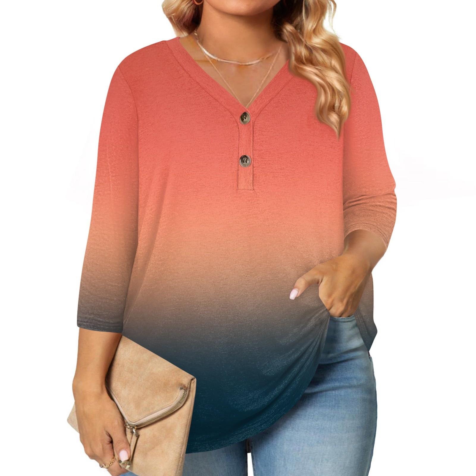

Womens 3/4 Length Sleeve Tops Plus Size Button Down V Neck Shirts Blouses Casual Printing Loose XXXXXL кавун червоний колір