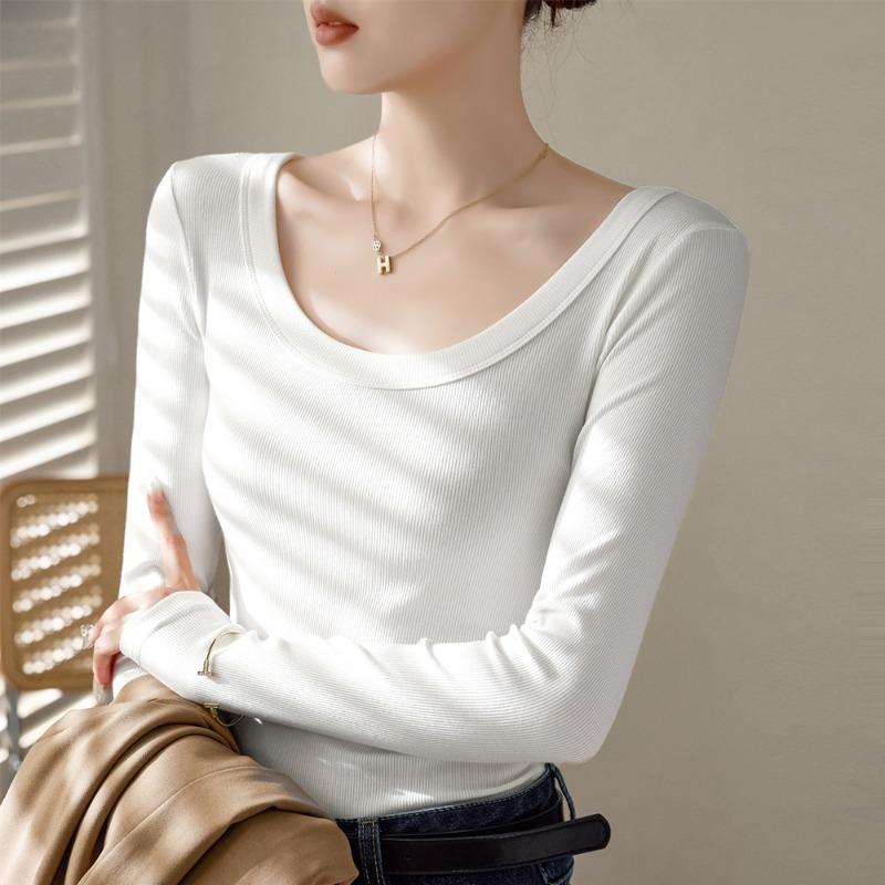 Damen U-Ausschnitt Langarm Figurbetont Einfarbig Lässig Basic Langarmshirt