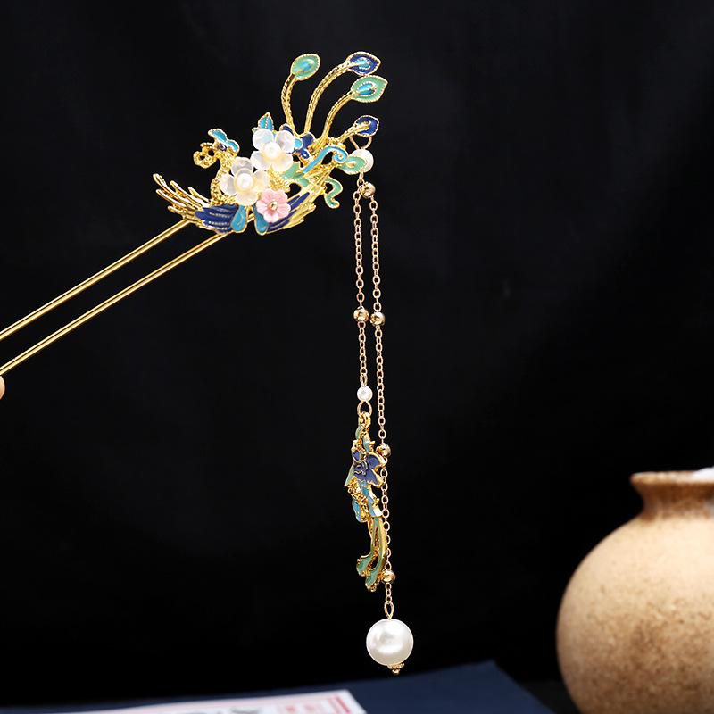 Antique Cloisonne Hairpin Hairpin Hairpin Ancient Clothing Hair Accessories Burnt Blue Phoenix Hairpin Retro Fringed Step Shake Hanfu Accessories