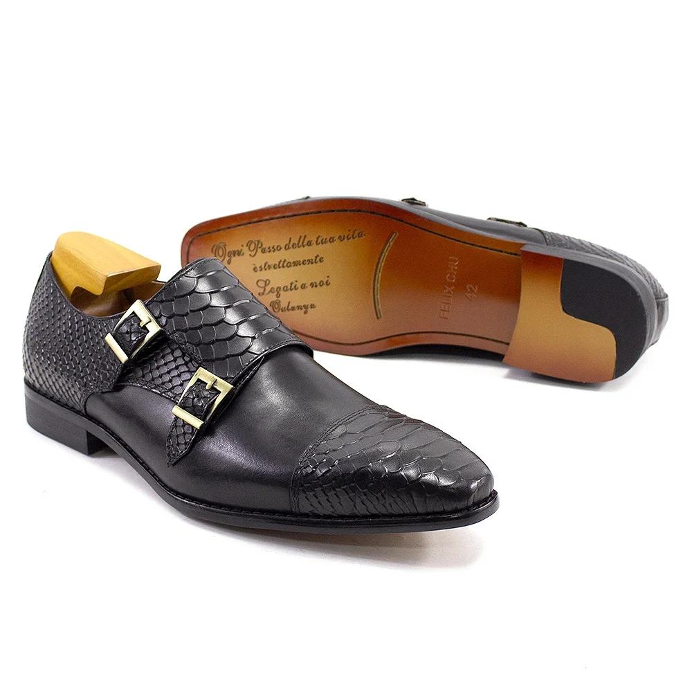 Fashion Luxury Double Buckle Monk Strap Men's Dress Shoes Genuine Leather Classic Crocodile Pattern Formal Business Office Footwear