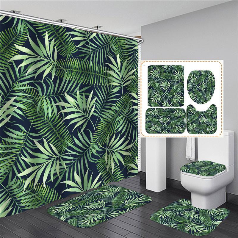 Black and Gold Tropical Plant Palm Leaf Bathroom Shower Curtain Set for Bathtub Exotic Leaves Bath Mats Rugs Toilet Home Decor