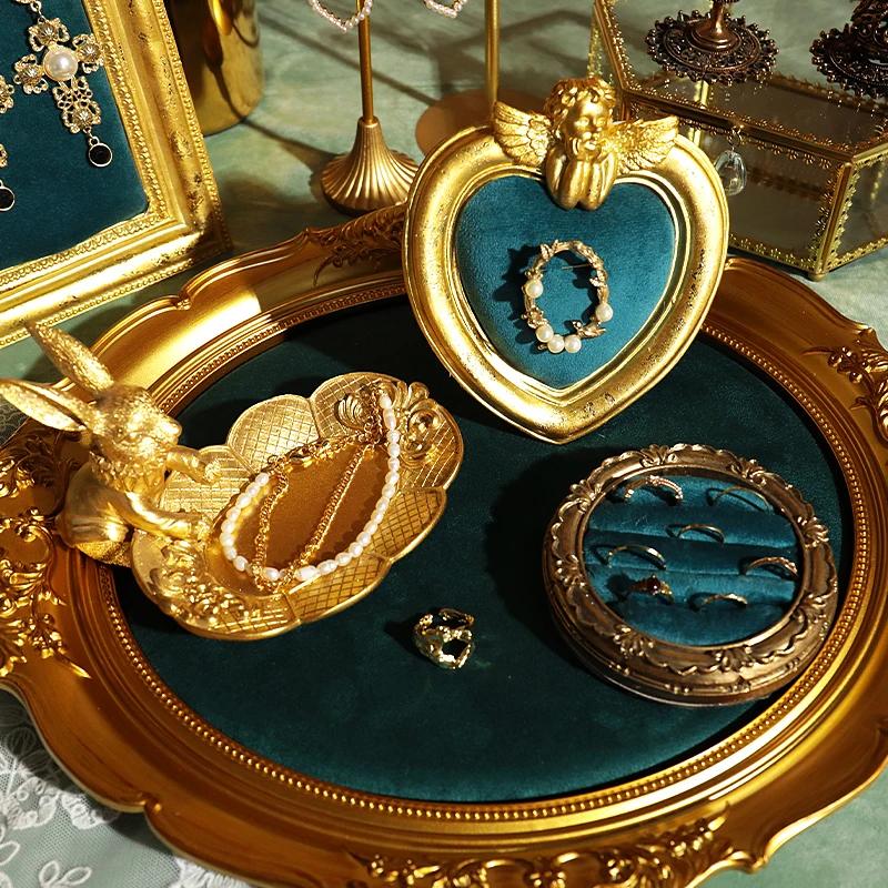 Premium Jewelry Display Stand with Vintage Green Velvet Earring Necklace Holder for Retail Store Counter/Photography Props