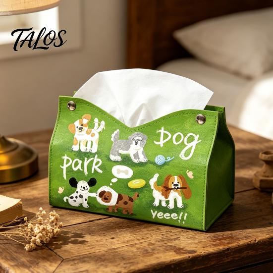 Multipurpose Tissue Bag Leather Box Cover with Cartoon Puppies Pattern, Foldable Desktop Organizer, Napkin Holder Organizer Case, Facial Paper