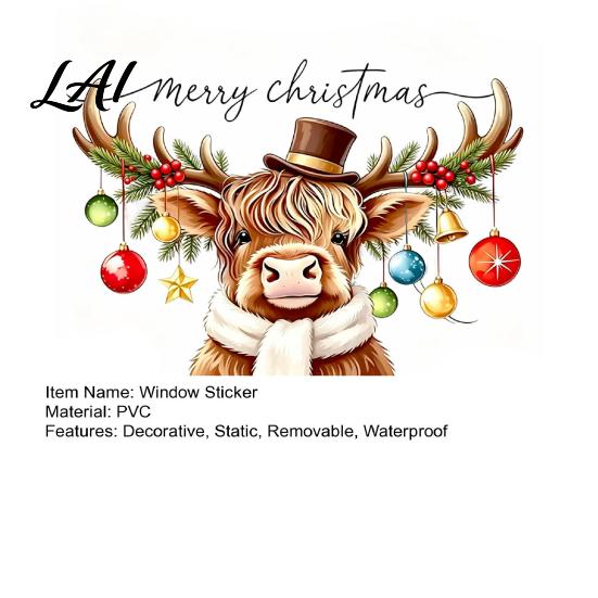 Christmas Glass Clings Cute Highland Cow Static Window Sticker PVC Waterproof Cling for Holiday Reusable Decals Home Decoration Removable