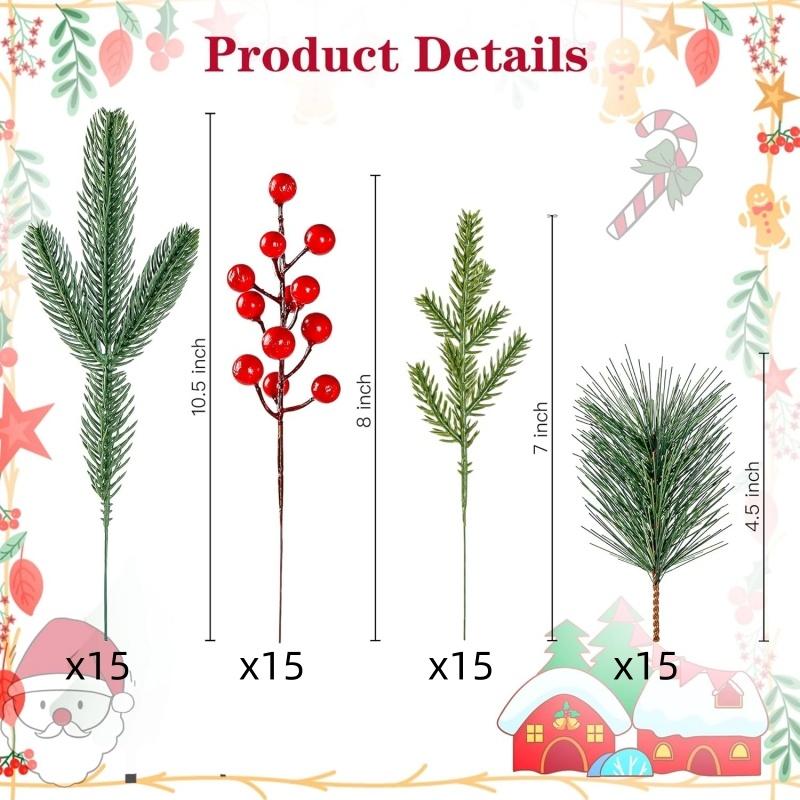60x Christmas Artificial Pine Branches Red Berry Greenery Pine Picks Home Decor