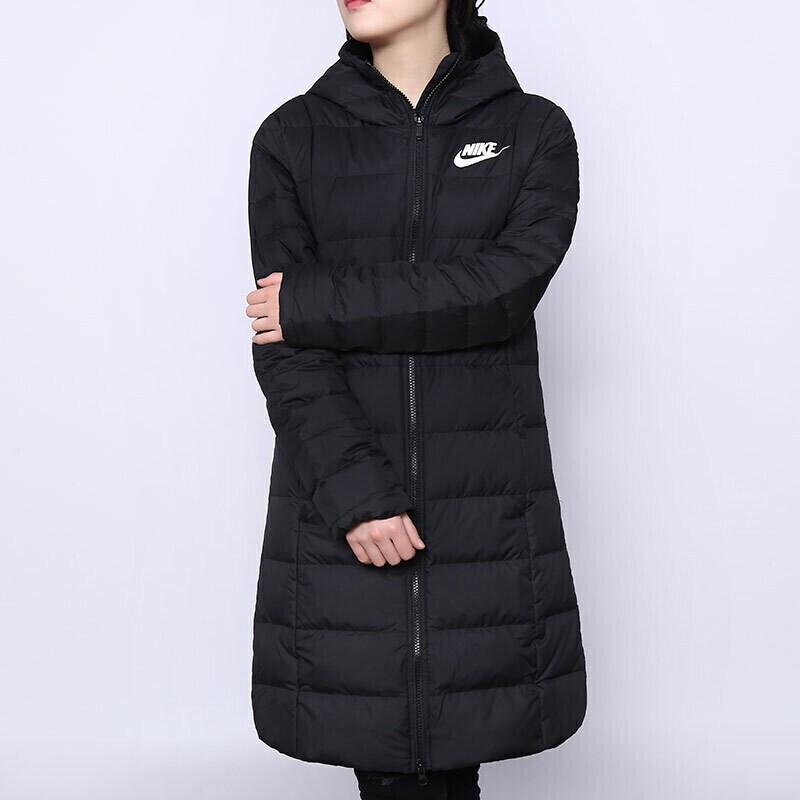 Nike Logo Print Warm Mid-Length Hooded Down Jacket Women Outerwear Black AJ7428-010