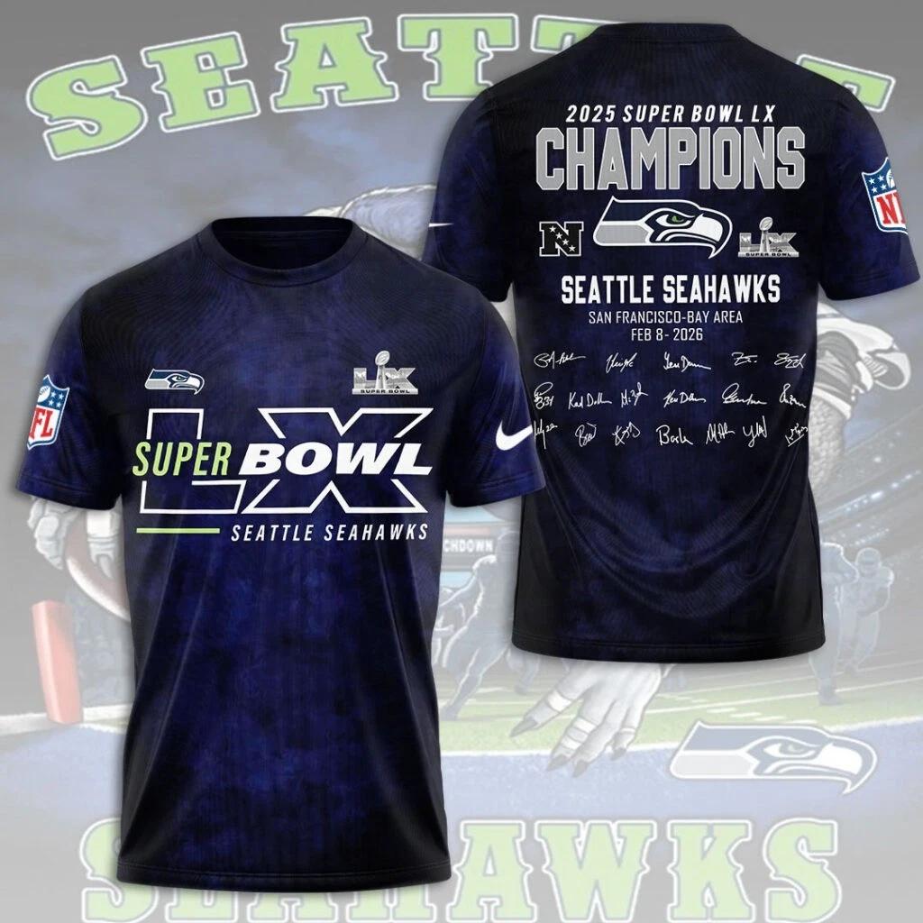 Seattle Seahawk 2025 Super 1Bowl LX Champions 3D Apparel Shirt S-5XL Style22 2XL