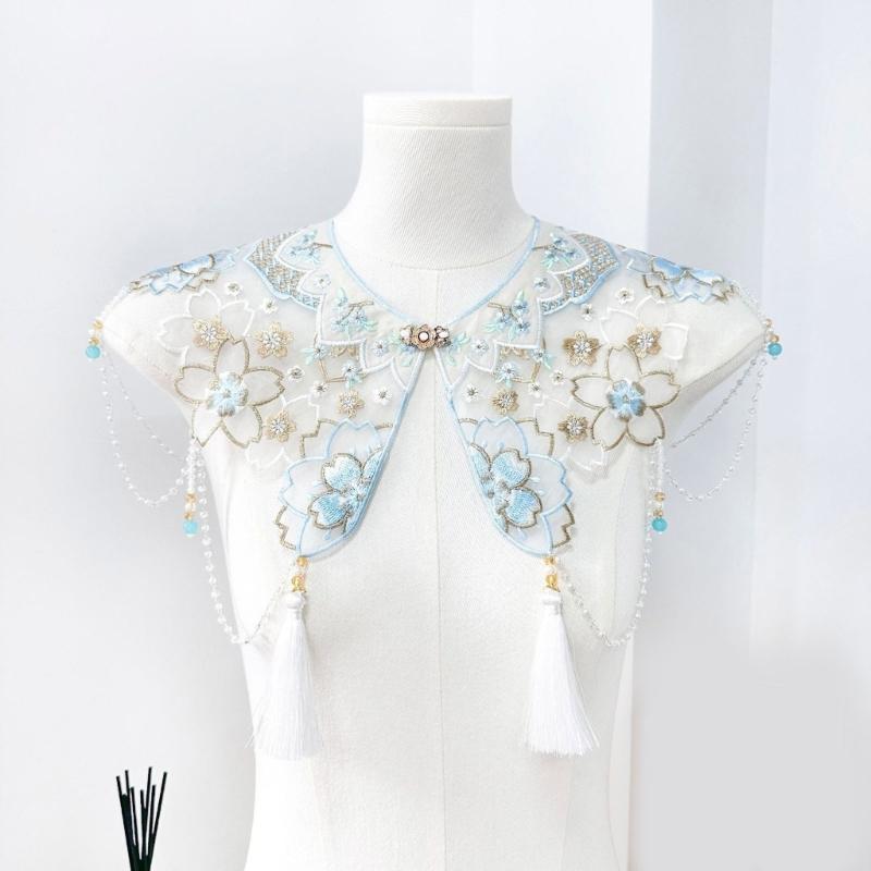 Chinese Ancient Shawl Collar Traditional Costume Embroidery Flower Collar for Horse Face Skirt Cultural Event Neckpiece