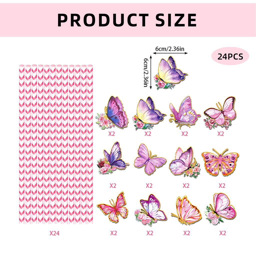 24pcs Butterfly Biodegradable Paper Drinking Straws Elegant Decorative Disposable Drink Straws Birthday Party Supplies