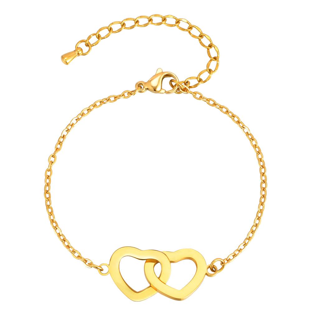 Wind Stainless Steel Plated 18K Gold Flat Cross Chain Double Heart Interlocking Bracelet Women'S Jewelry Br-2199