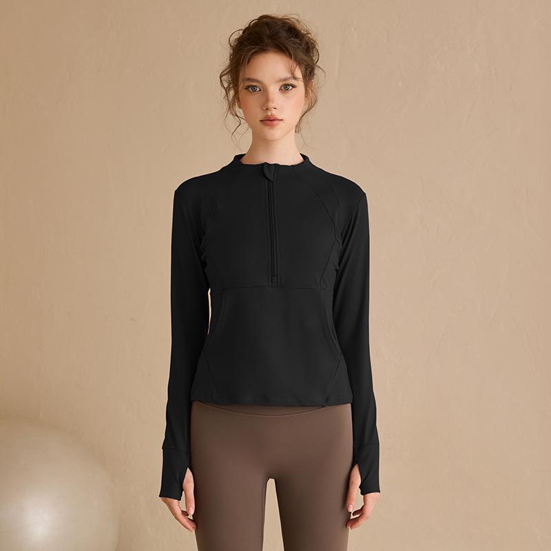 

Женский дышащий утягивающий фитнес-топ с длинным рукавом и полумолнией для бега и йоги M (96-107 lbs) чёрный