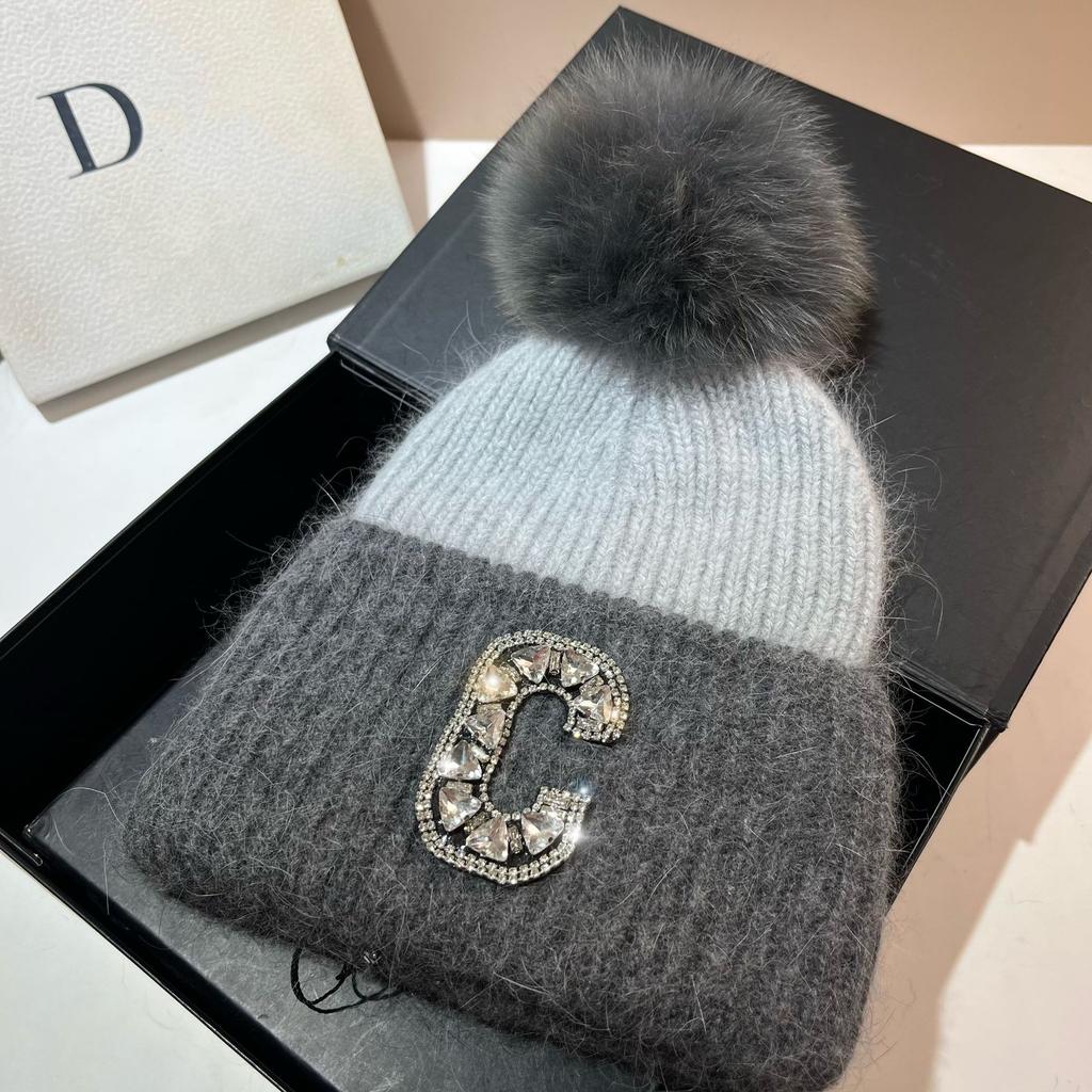 C Russian Winter Outdoor Thickened Double-Layer Warm Rabbit Fur Knitted Hat Northern Cold Fox Hairball Ear Protection Hat