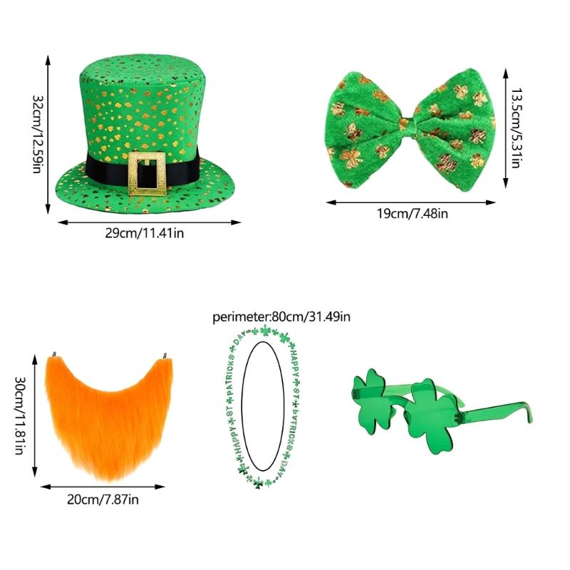 Saint Patrick Costume Set Leprechaun Hat Fakes Beard Mustache Tie Glasses for Party Costume Irish Festival Accessories