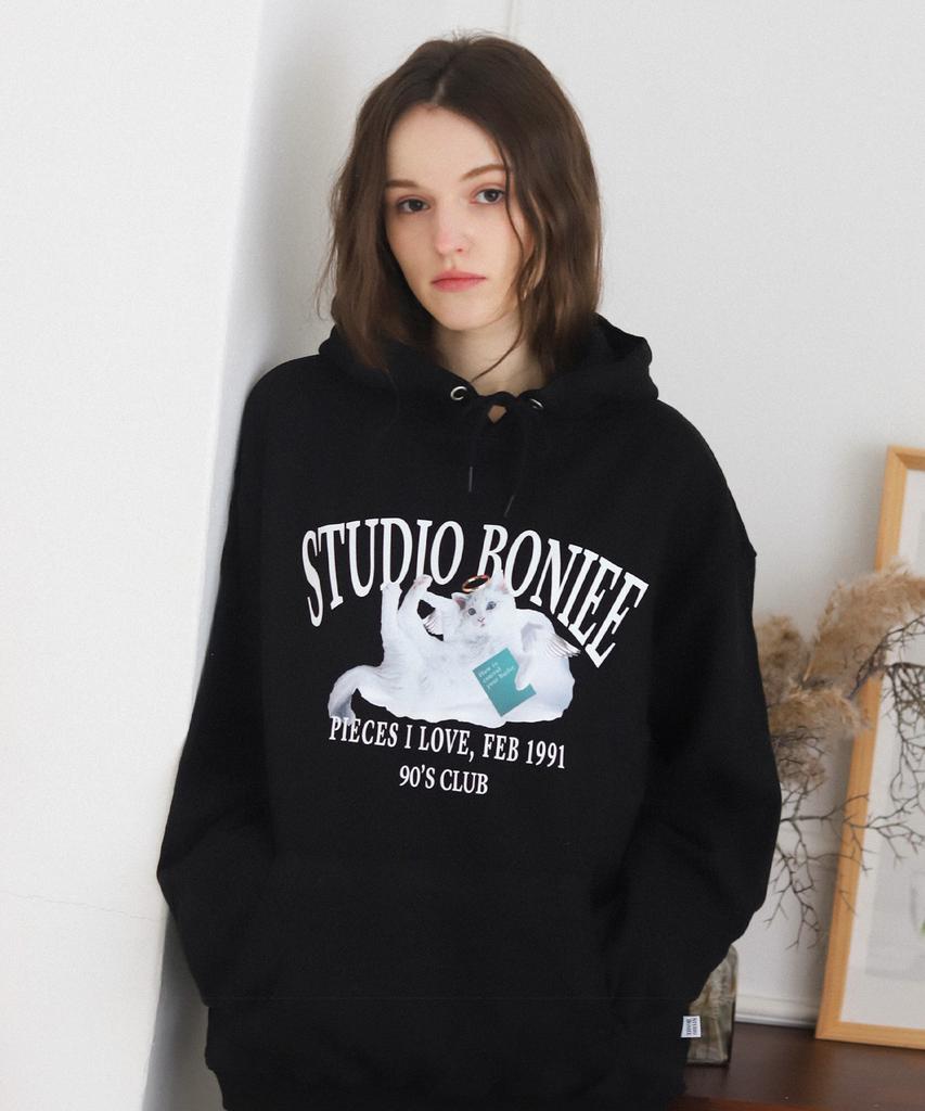 [Fleece Lined Selection] Angel Cat Graphic Oversized Hoodie Black