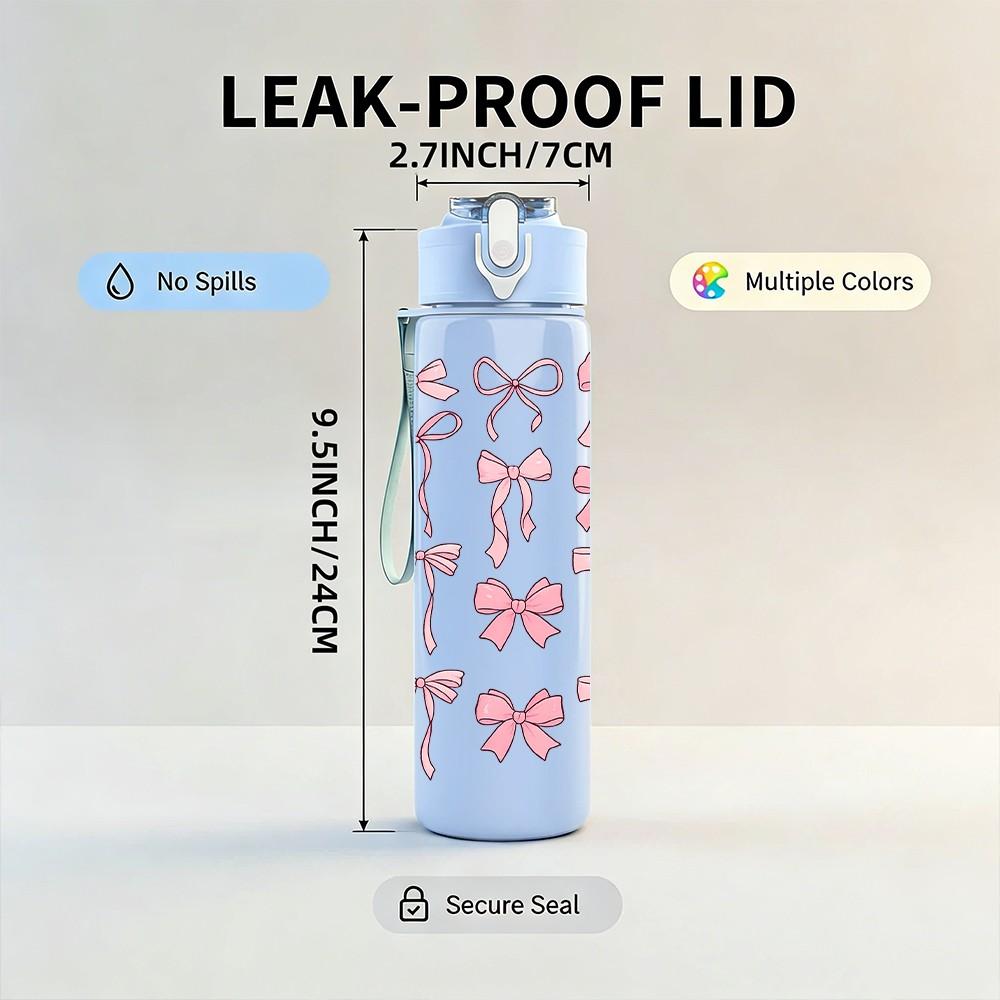 1PC Pink Bow Knot Stacked Decor Pattern Print 750ml Color Plastic Sports Water Bottle Leakproof Flip Straw Lid Suitable for Sports Office Home Use