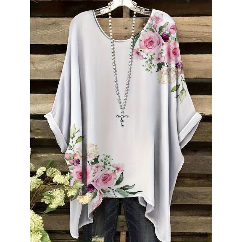 

Large size women s T-shirt new rose print round neck raglan top casual loose style irregular hem women s T-shirt 1XL
