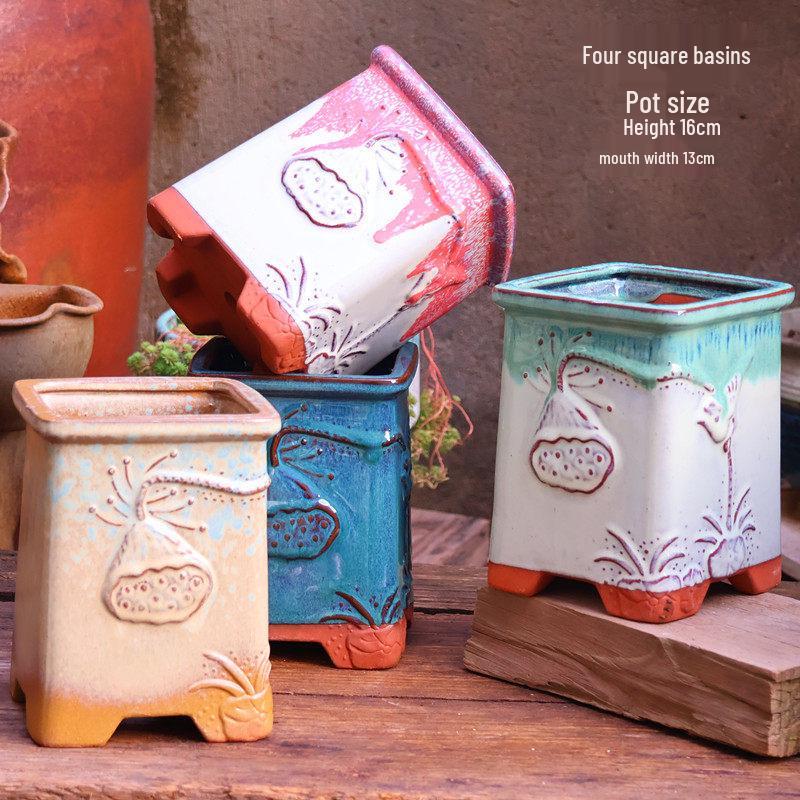 Large Retro Square Ceramic Succulent and Orchid Pot